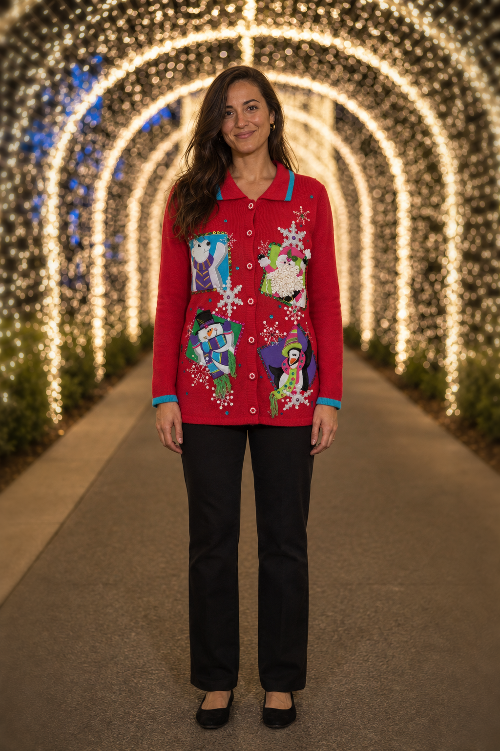 1001 Red Holiday Appliqué Button Cardigan — front