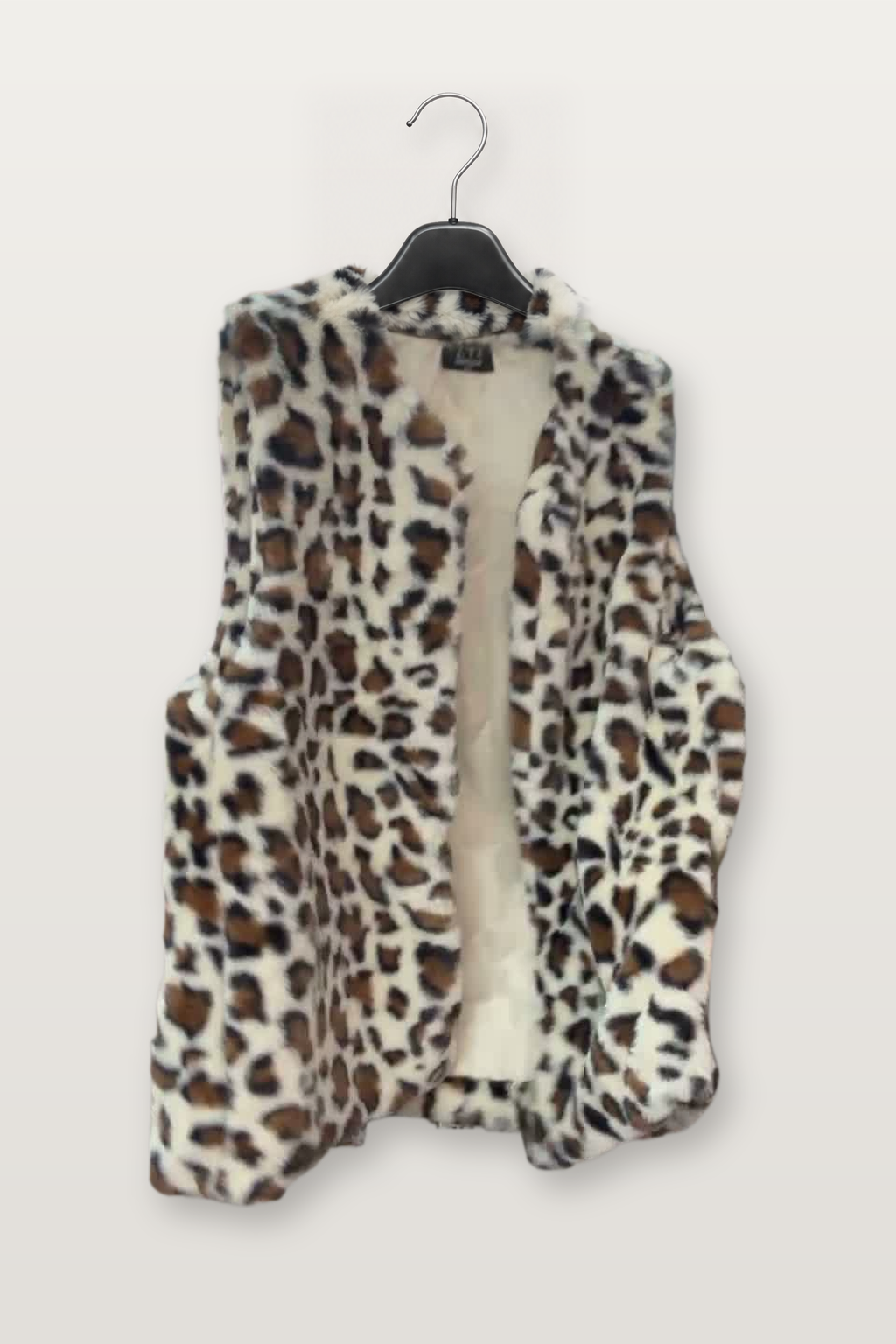 036 Beige Leopard Faux Fur Vest — on hanger