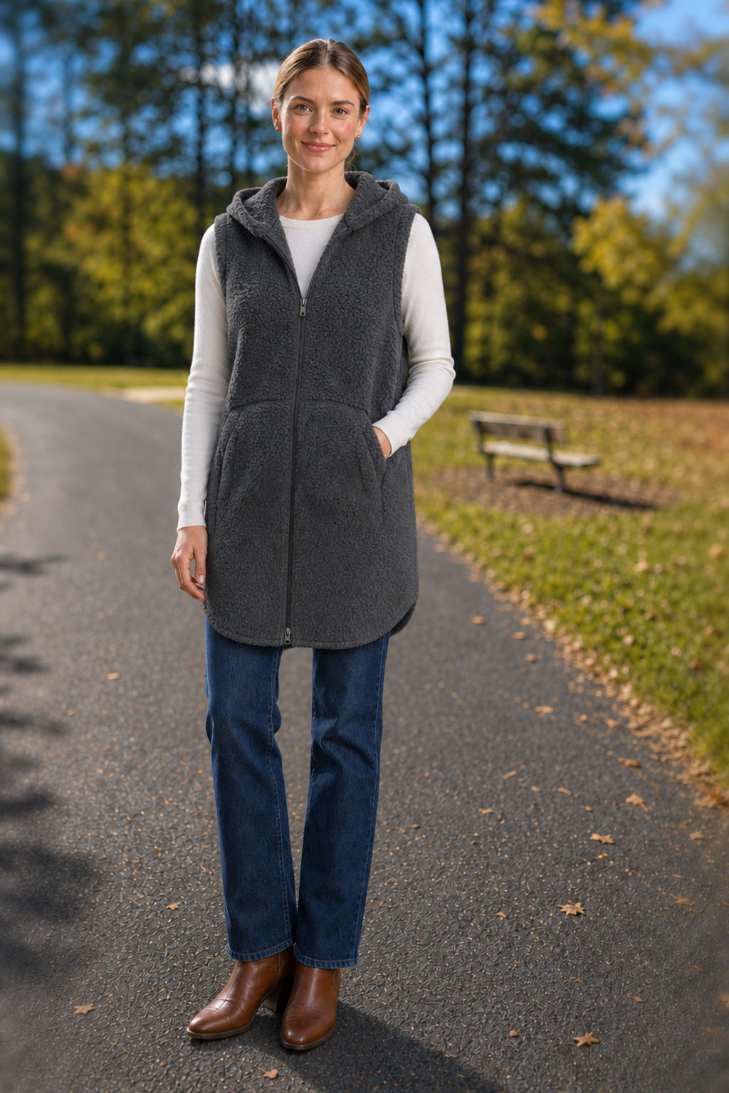 FJ-28-65 Charcoal Sherpa Zip-Up Hooded Vest — front