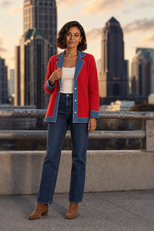 6416 Red Ribbed Denim Trim Jacket — front