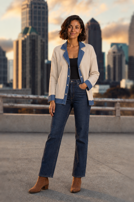 6416 Apricot Ribbed Denim Trim Jacket — front