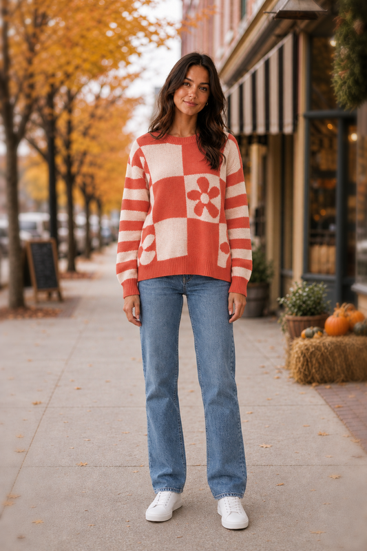 Style 218 Checkered Floral Knit Sweater