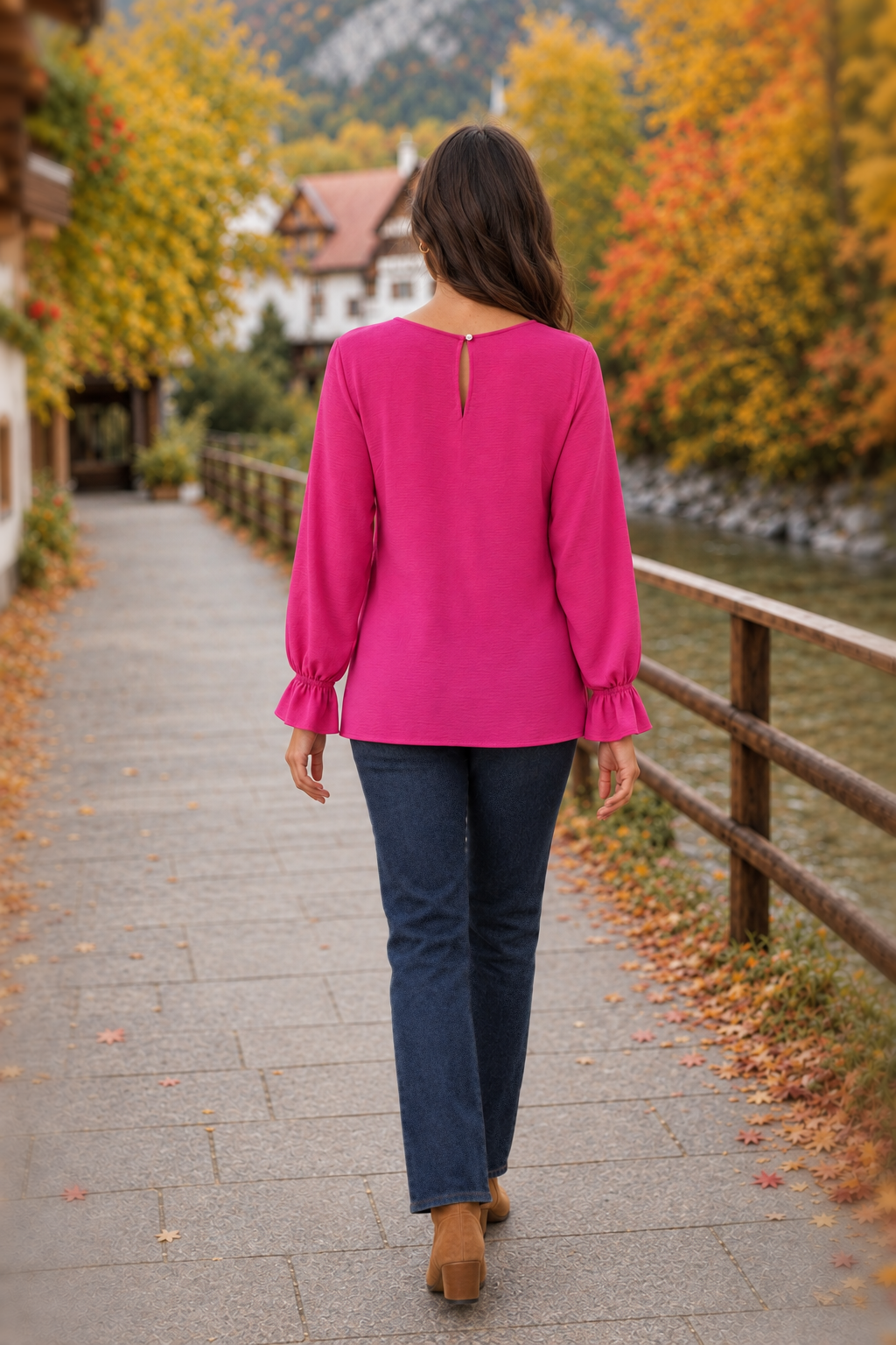 5605 Fuchsia Ruffle Cuff Blouse — back