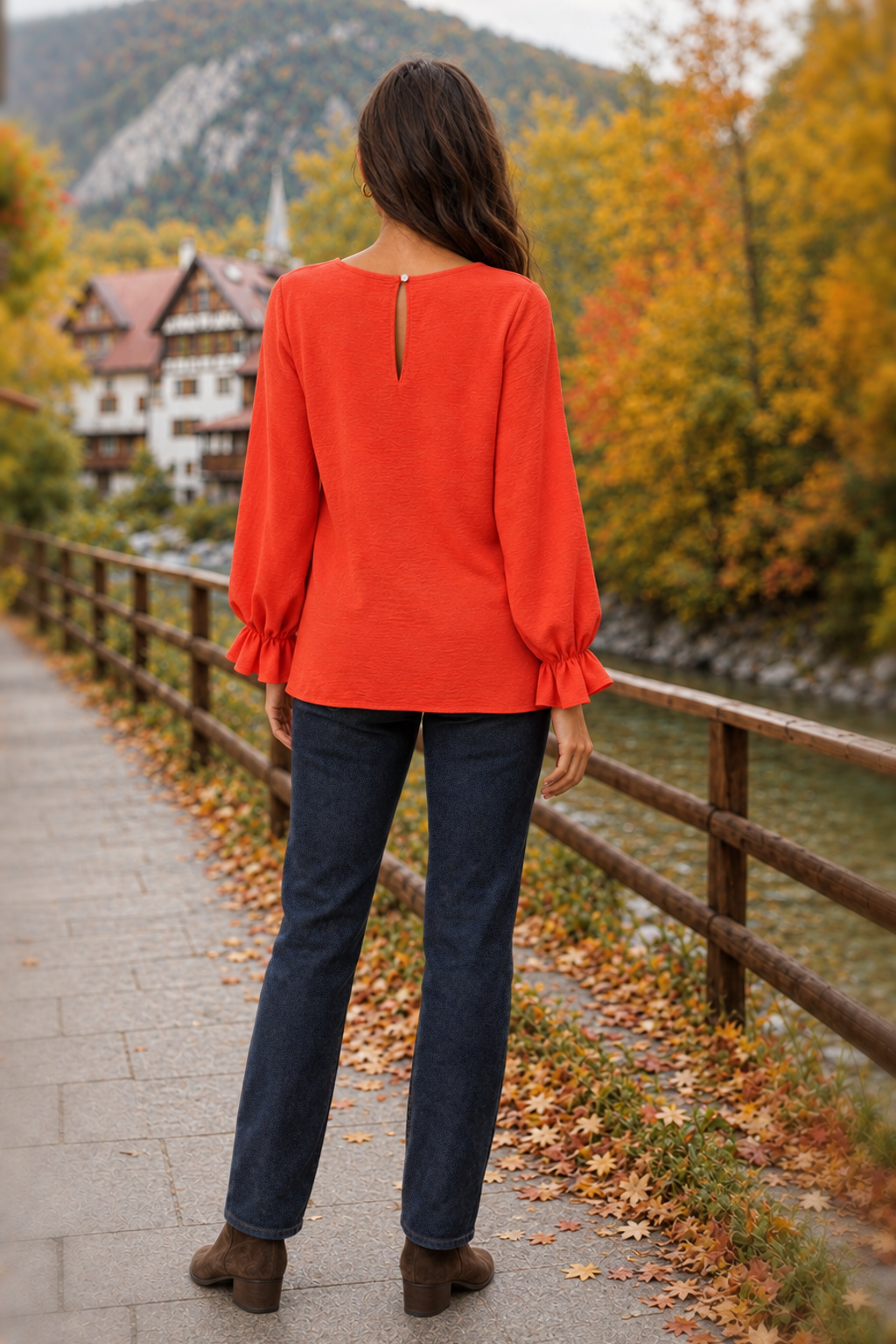5605 Orange Ruffle Cuff Blouse — back