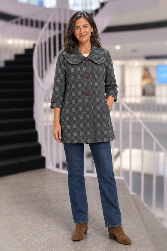 189 Black Brown Chic Checkered Coat with Side Pockets — front