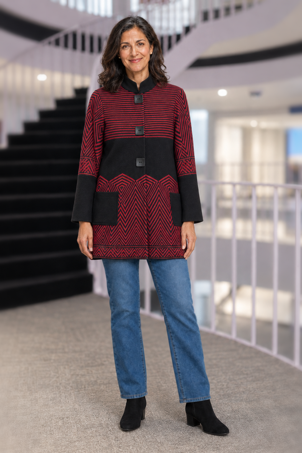 177 Red & Black Stripe Abstract Print Jacket — front