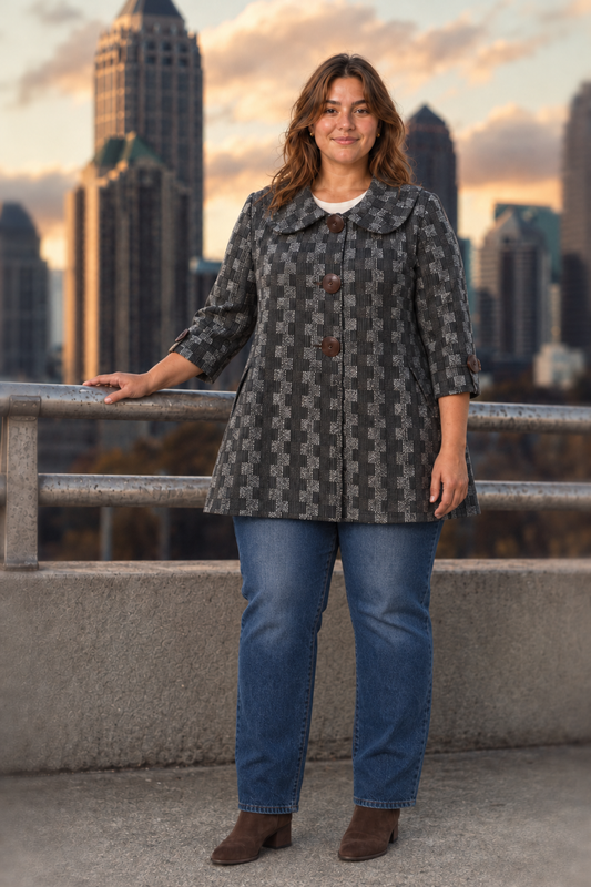 189 PLUS SIZE Black Brown Chic Checkered Coat with Side Pockets — front