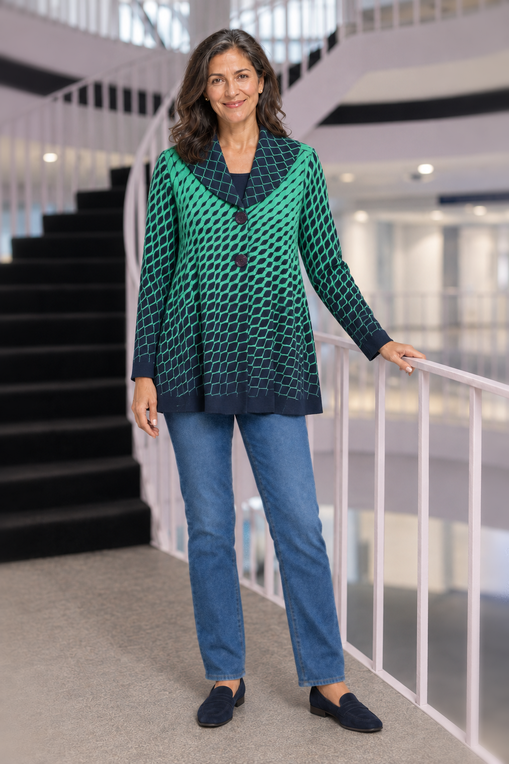 2012 Green/Navy Geometric Print Button-Front Jacket — front