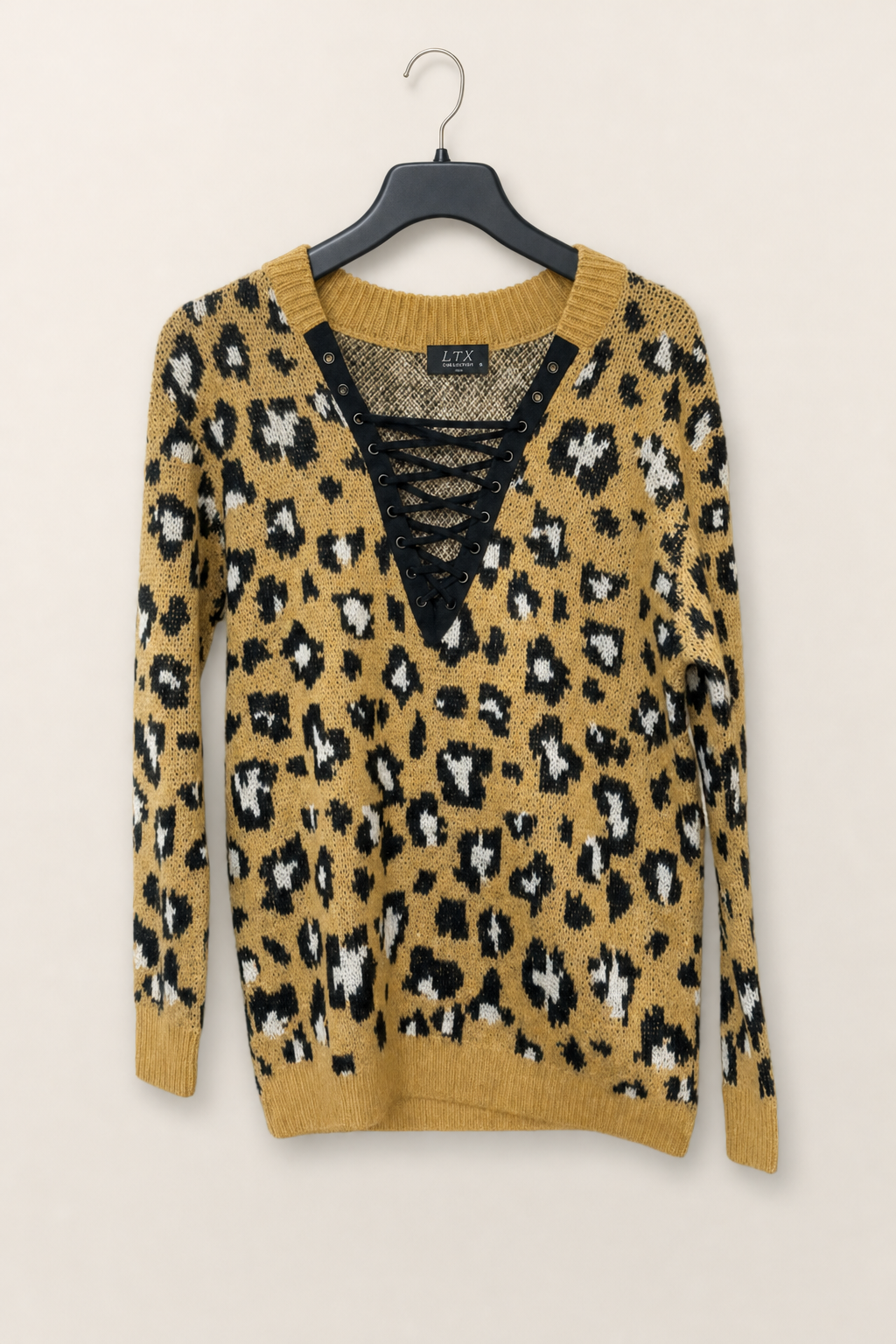2001 Mustard Leopard Lace-Up V-Neck Sweater — on hanger