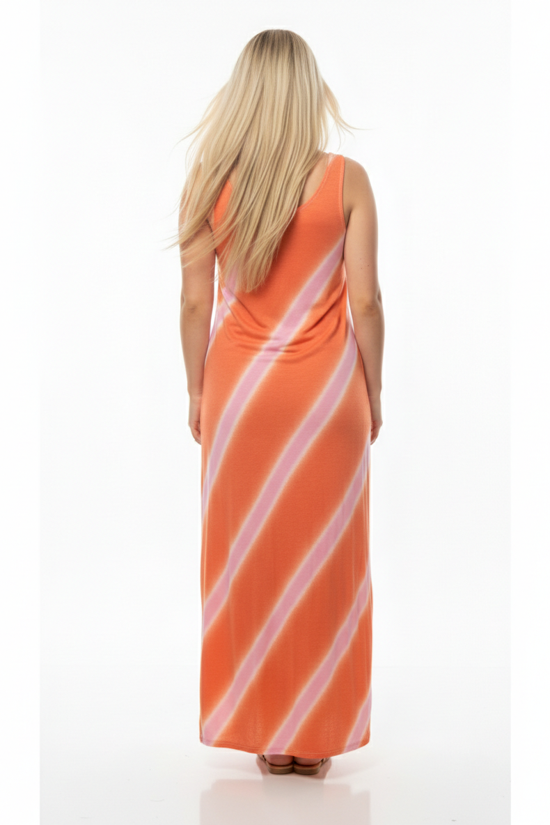 8296 Blush Pink & Coral Summer Stripe Sleeveless Dress Plus