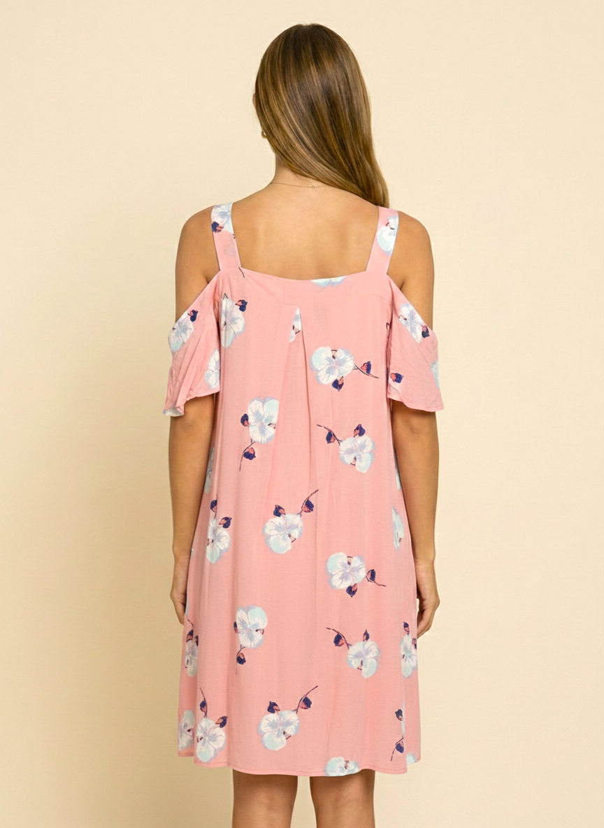 3748 Peach Floral Cold Shoulder Dress