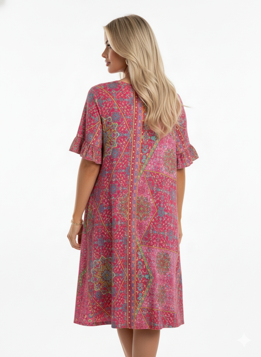 3600 Pink Boho Ruffle Sleeve Dress with side pockets