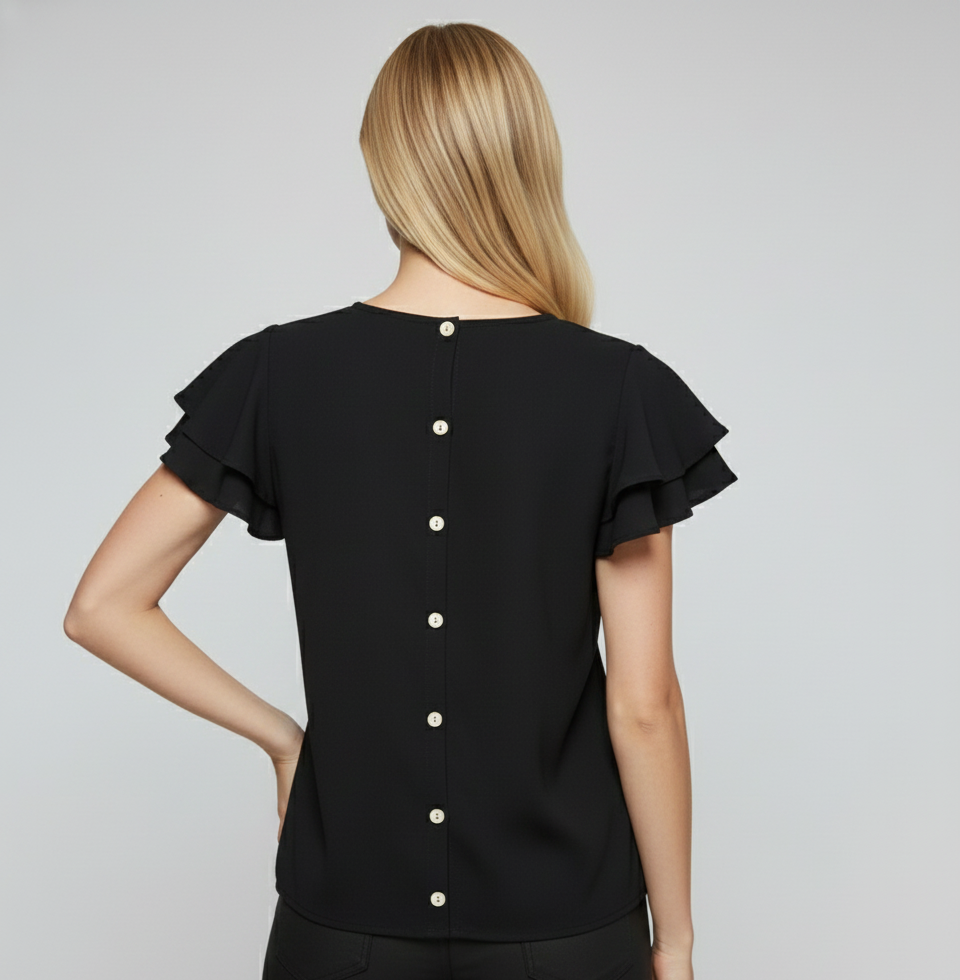5812 Black Ruffle-Sleeve Button-Back Blouse