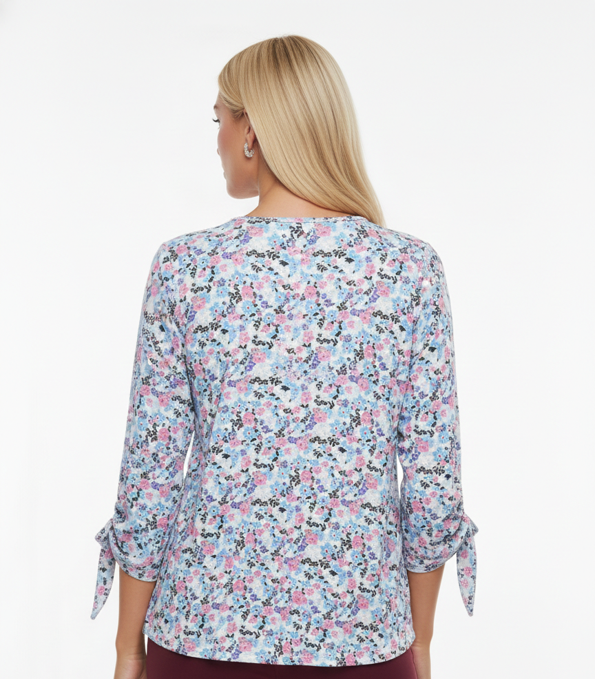 3866 Romantic Light Blue Floral Tie Sleeve Top