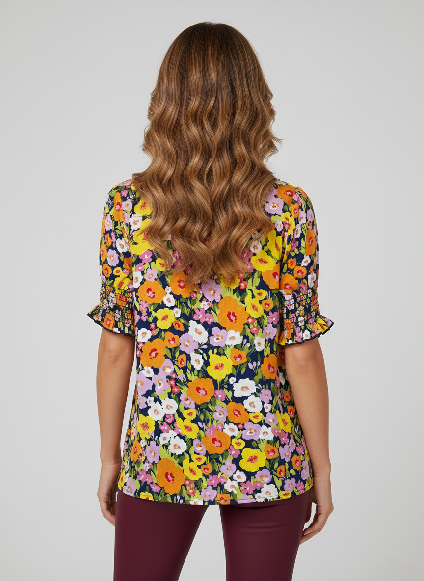 3343 Bright Floral Smocked Sleeve Blouse