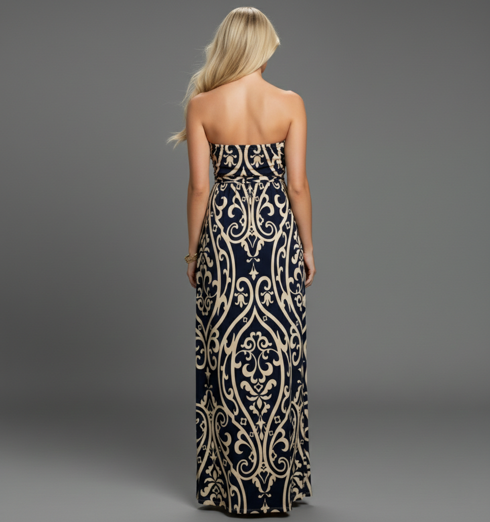 1231 Navy & Tan Maxi Dress with side pockets