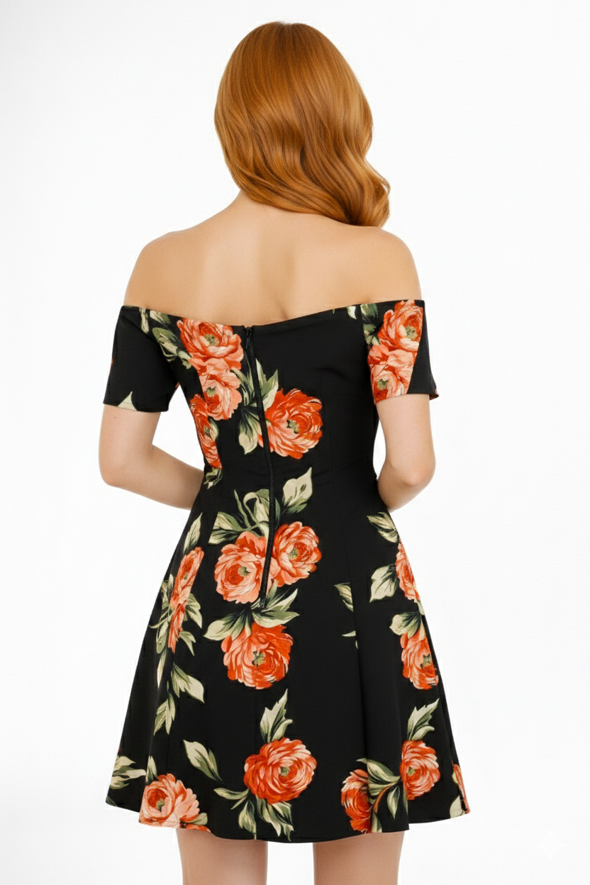23615 Midnight Blossom Off-Shoulder Dress