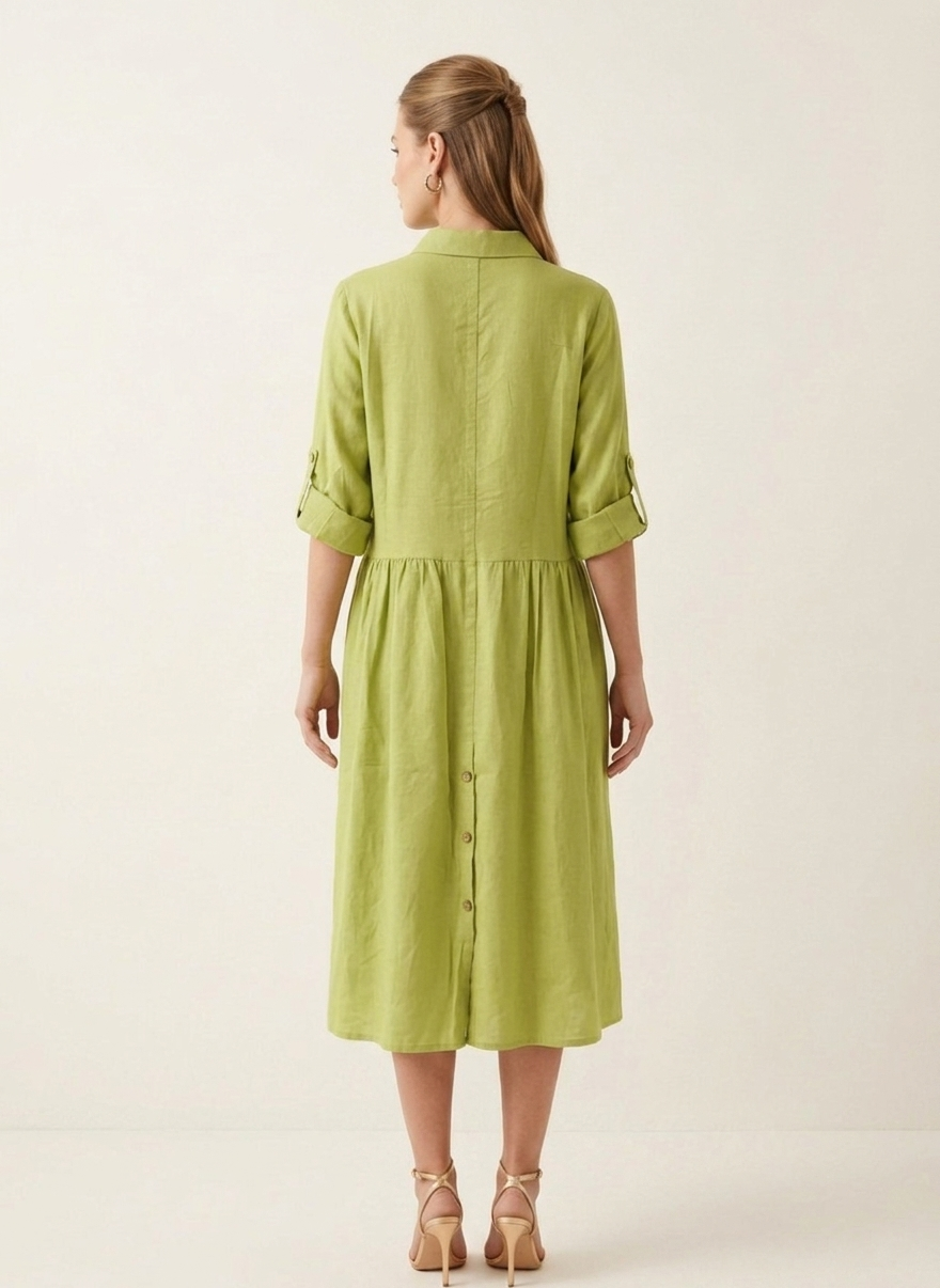 9887 Lime Button-Down Linen Dress with pockets