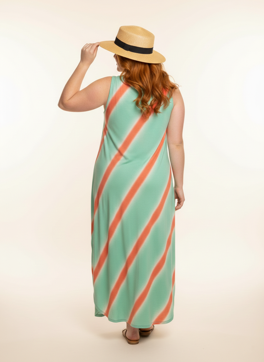 8296 Mint & Coral Stripe Sleeveless Dress Plus