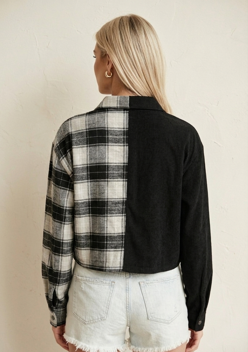 10281 Black Plaid Split Button-Up Top