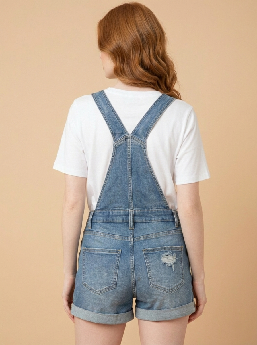 169881 Distressed Blue Denim Short Overalls Jumper