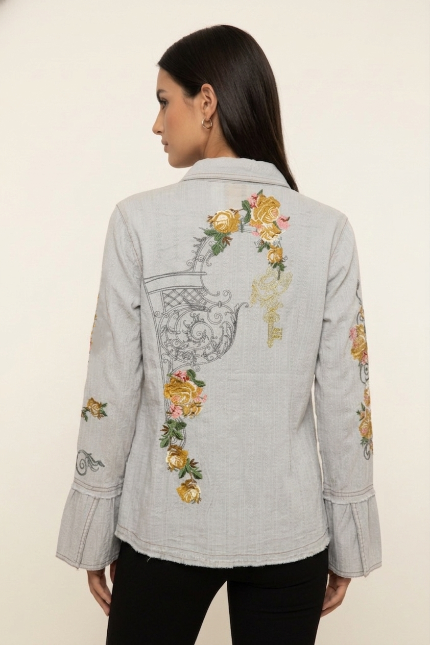 124 Gray Vintage Romance Embroidered Blouse