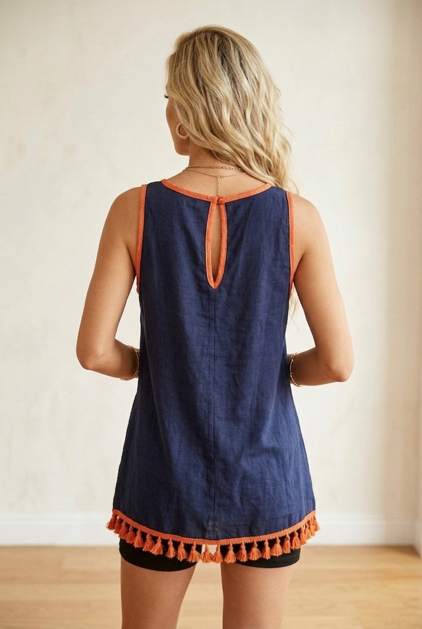 1145 Navy Orange Tassel Hem Tank