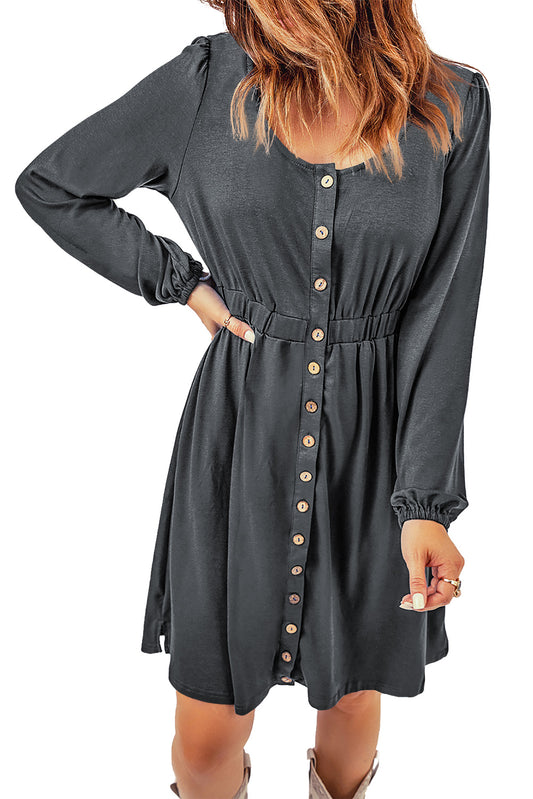 Style 1416 Gray High Waisted Button Up Long Sleeve Dress