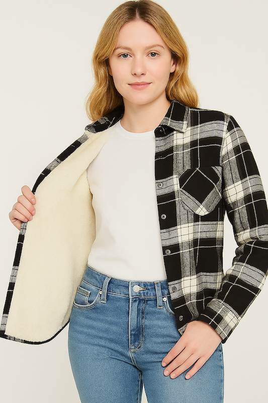 10151S Black & White Sherpa Lined Plaid Shacket