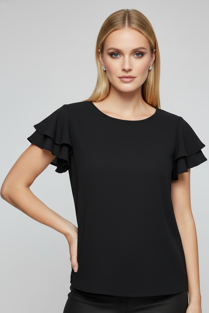 5812 Black Ruffle-Sleeve Button-Back Blouse