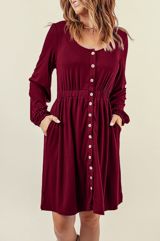 Style 1416 Burgundy High Waisted Button Up Long Sleeve Dress