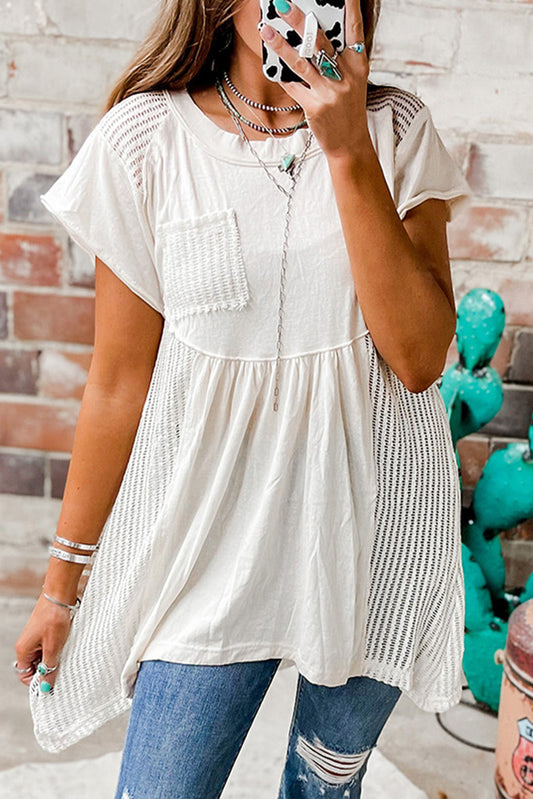 Style 3485 White Hollow Knit Splicing Keyhole Back Tunic Top