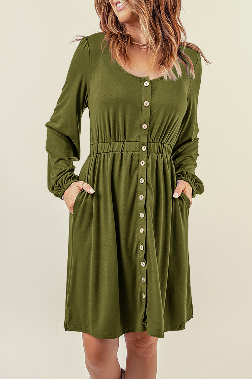 Style 1416 Olive High Waisted Button Up Long Sleeve Dress