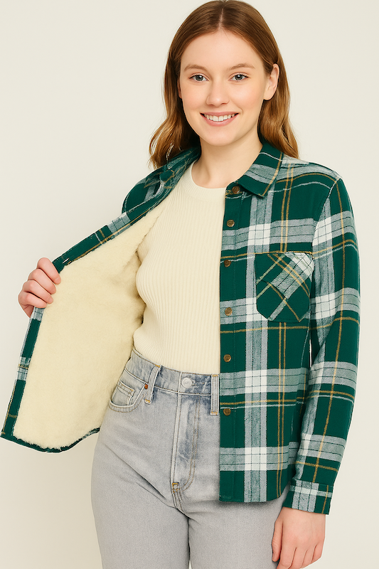 10151S Green Plaid Sherpa Lined Shacket