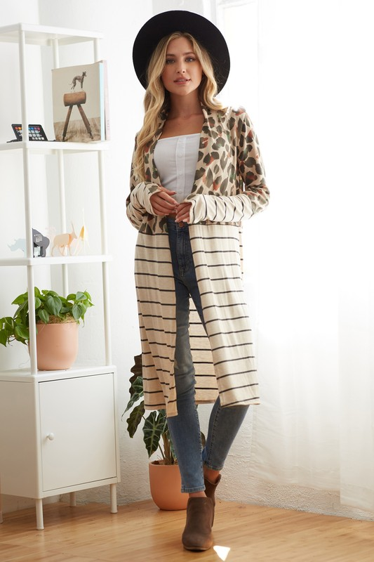 2074 Leopard and Striped Cardigan - Taupe