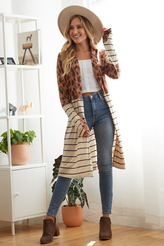 2074 Leopard and Striped Cardigan - Rust