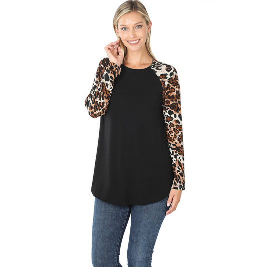 LT-3234 Black Top with Leopard Sleeves