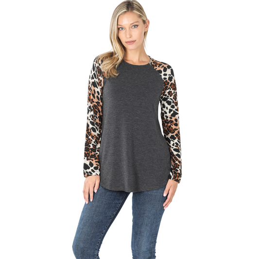 LT-3234 Grey Top with Leopard Sleeves