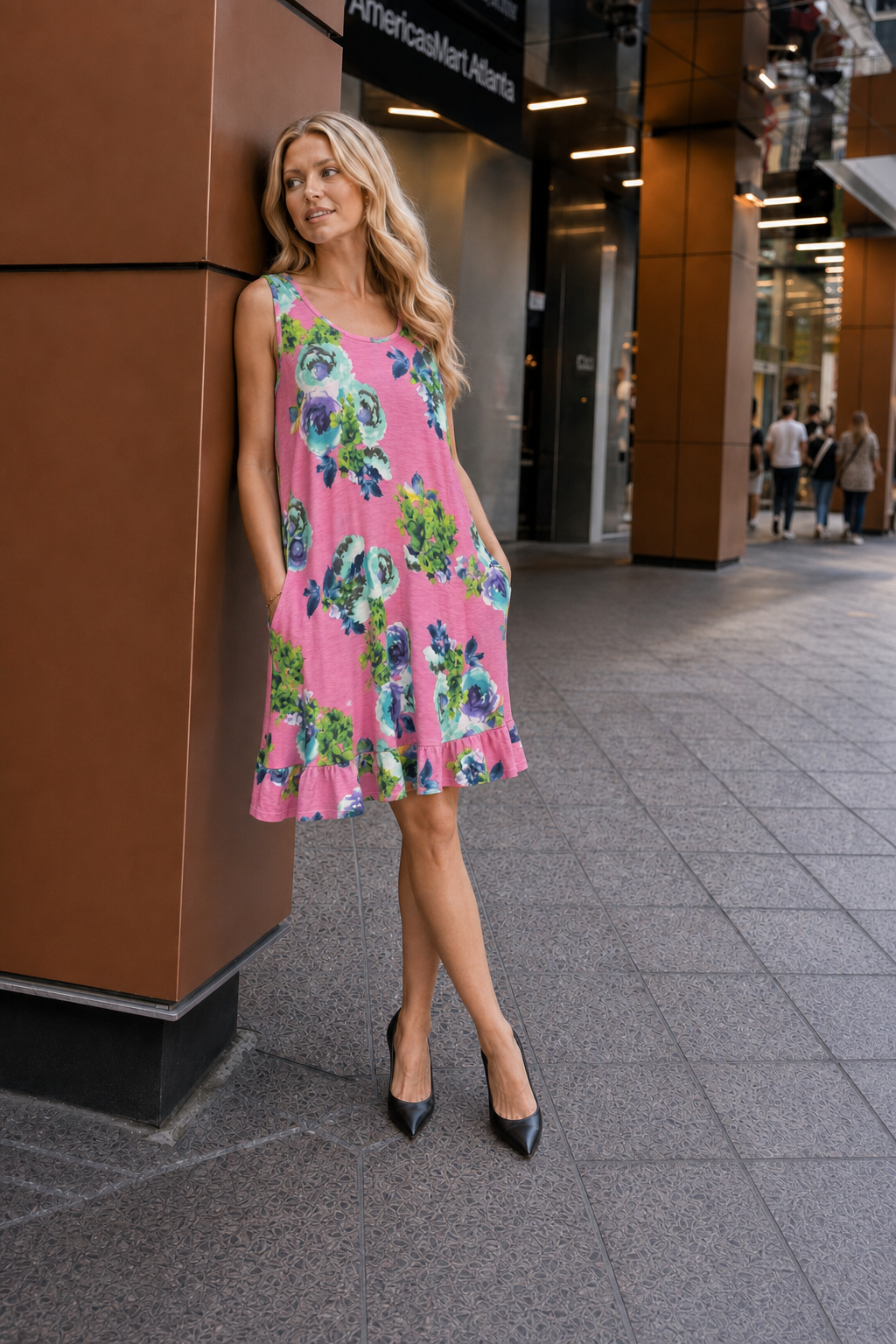 VC3158-P Floral Sleeveless Ruffle Hem Dress w/ Side Pockets