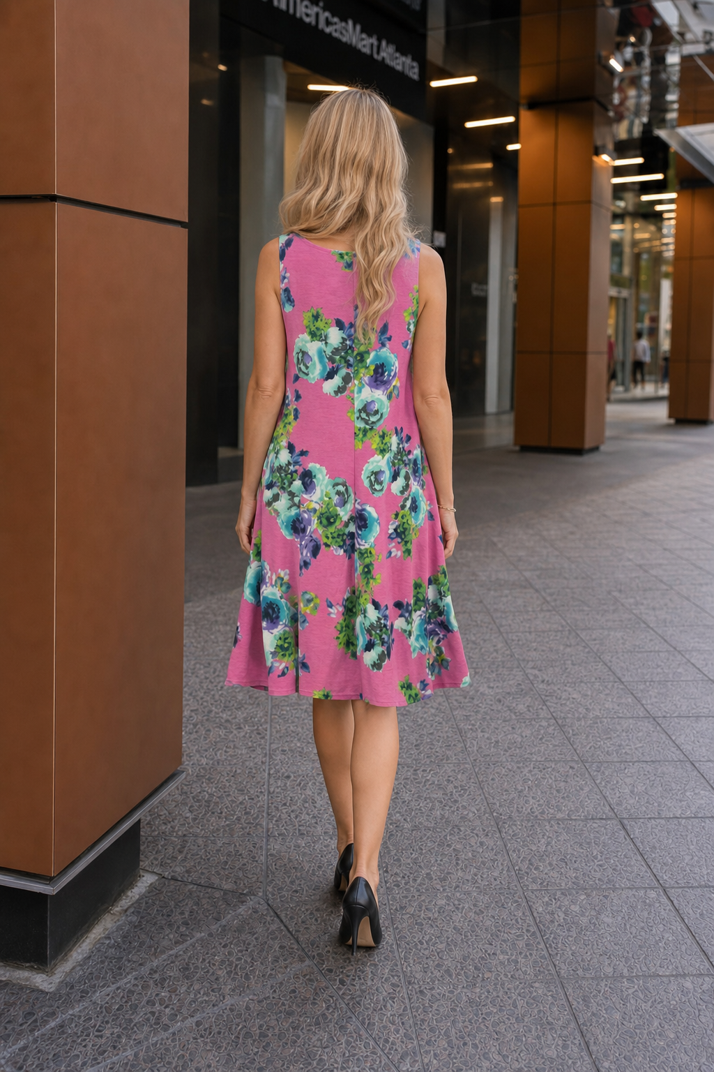 VC3158-P Floral Sleeveless Ruffle Hem Dress w/ Side Pockets