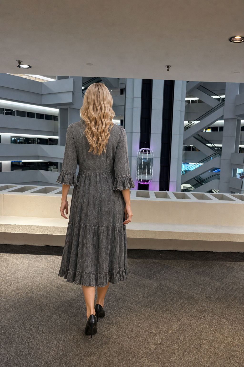 150731 Embroidered Ruffle-Sleeve Tiered Midi Dress