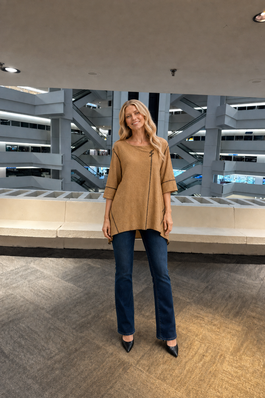 CV092 Textured Contrast Stitch Tunic Top