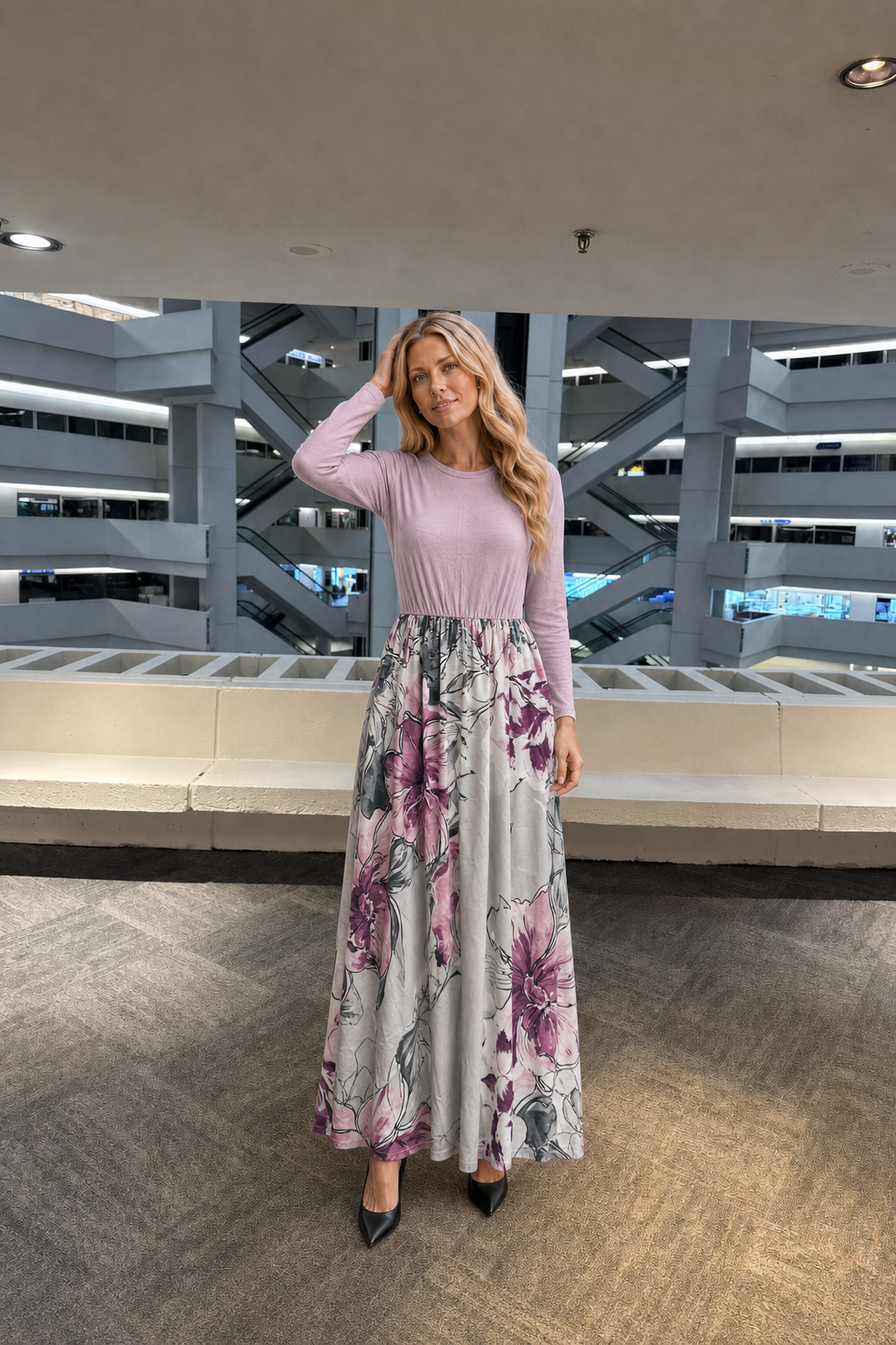 VL3827 Long Sleeve Floral Contrast Dress