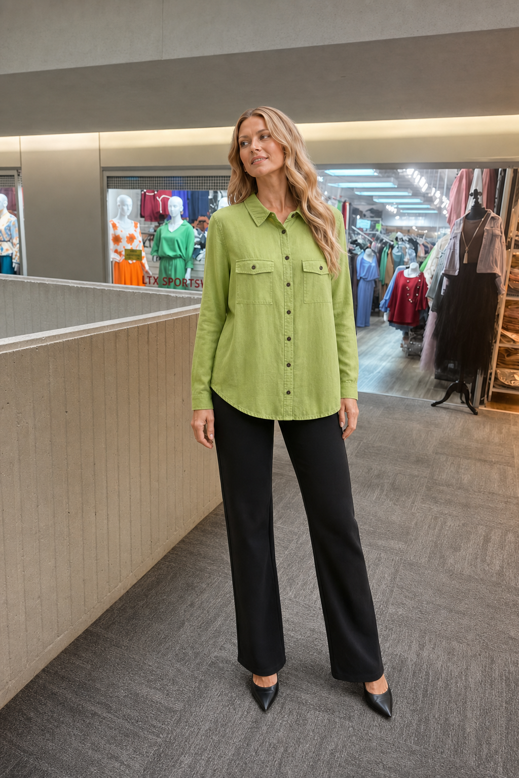 2354TY Lime Green Long Sleeve Button-Down Pocket Blouse