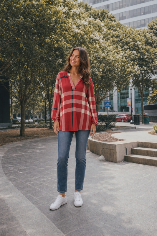 B3288 Plaid V-Neck Long Sleeve Top