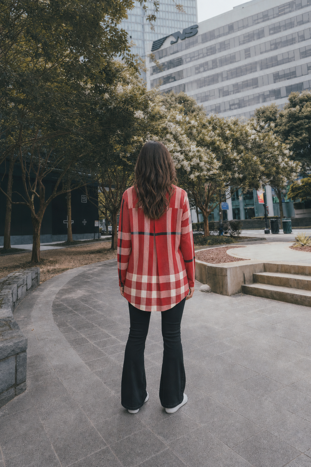 B3288 Plaid V-Neck Long Sleeve Top
