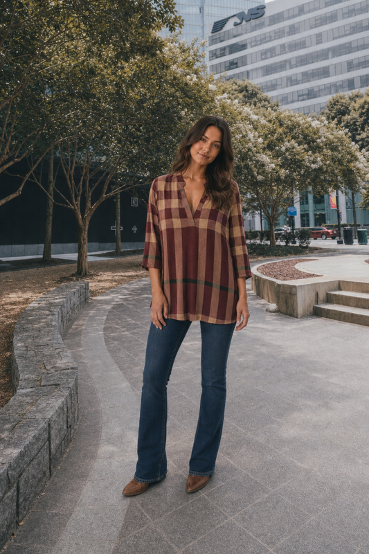 B3288 Maroon Plaid V-Neck Tunic Blouse