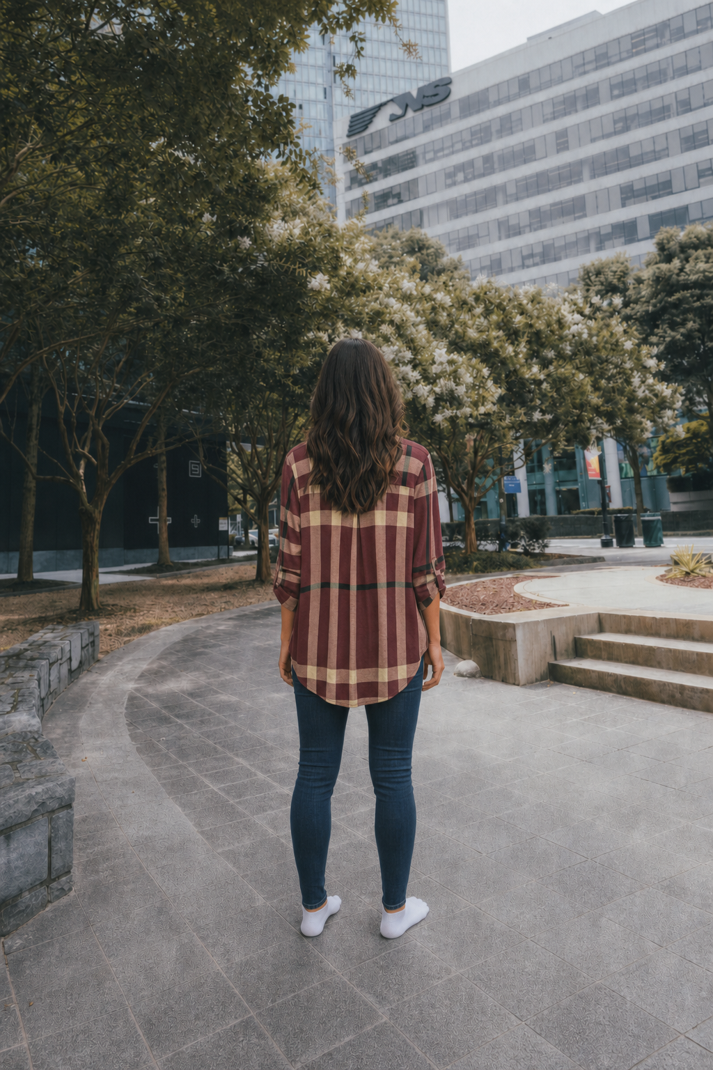 B3288 Maroon Plaid V-Neck Tunic Blouse
