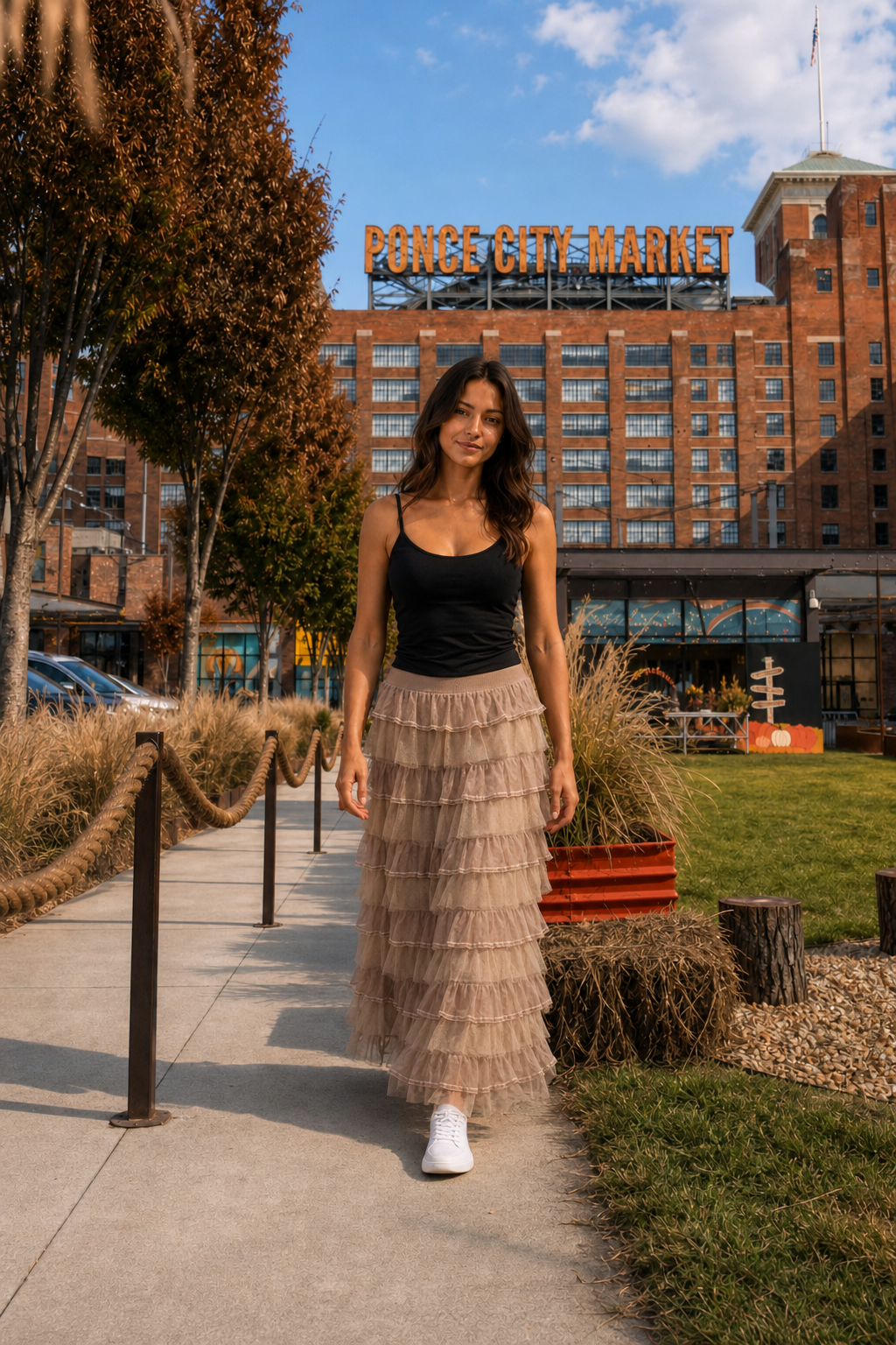 3002 Light Brown Tiered Tulle Maxi Skirt