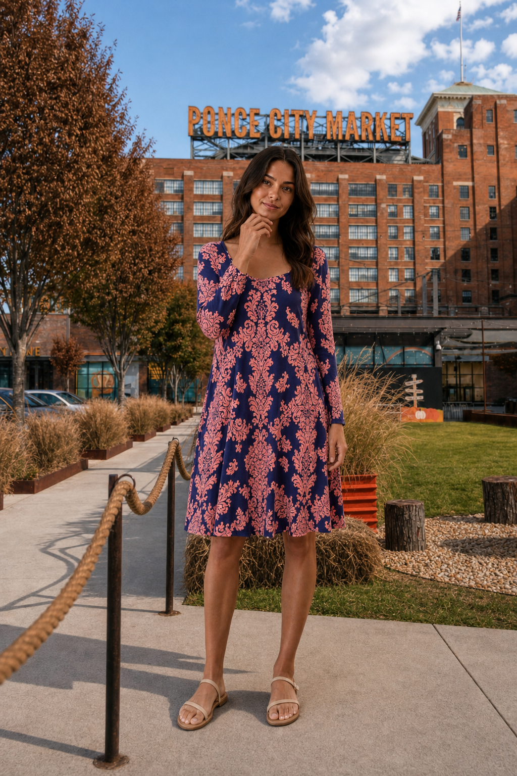 3811 Damask Print Swing Dress